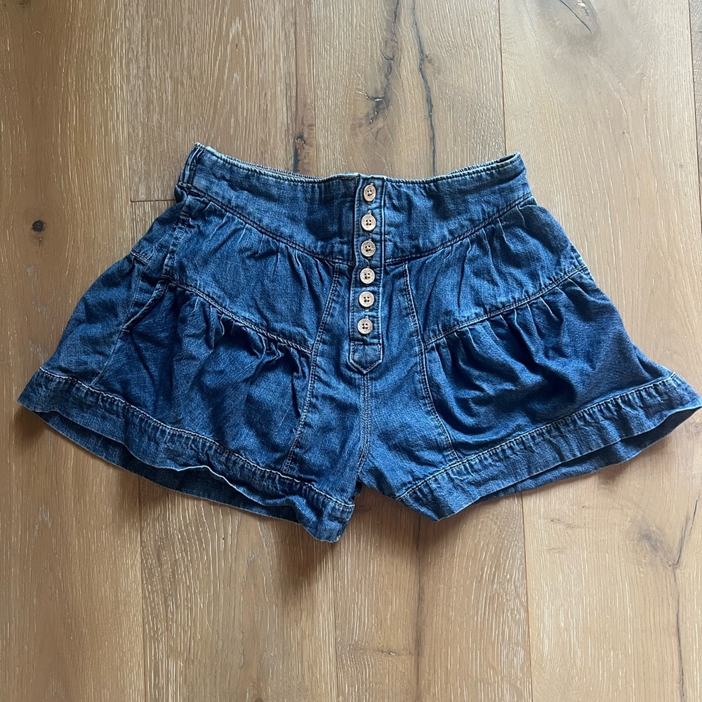Free People Dark Blue Denim Button-Front Ruffle Shorts